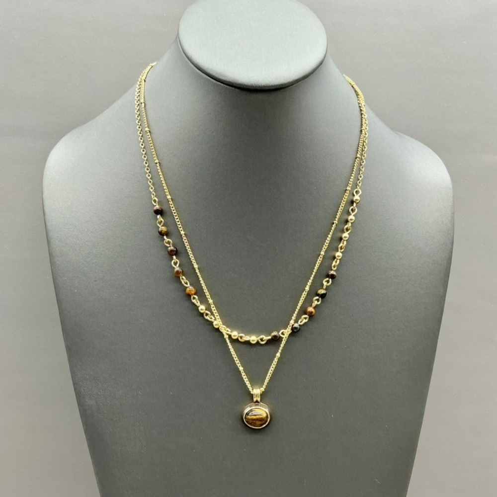 Talbots Necklace Women Gold Tone Brown Tigers Eye Double Layer Beaded Pendant